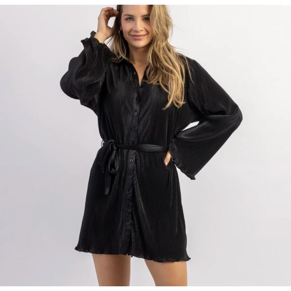 Mable Disco Plisse Mini Button Down Shirt Dress Black Size Small